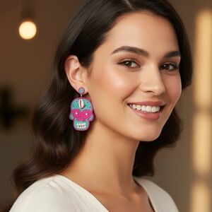 Beaded Sugar Skull‎ Earrings | Pink & Turquoise Boho Dangle Statement Jewelry
